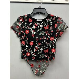 January 7 Shirt Womens Small Black Floral Lace Velvet‎ Pullover Top DarkFloral